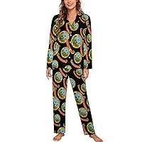 Idaho State Flag Logo Women's Pajama Set Long Sleeve Button Down Sleepwear Loungewear Set Soft Nightwear Sets