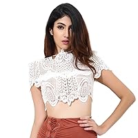 Women's Short Sleeves Halter Midriff-Baring Lace Top