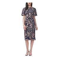 JS Collections Womens Navy Zippered High Neckline V-Back Lined Short Sleeve Below The Knee Cocktail Sheath Dress 10