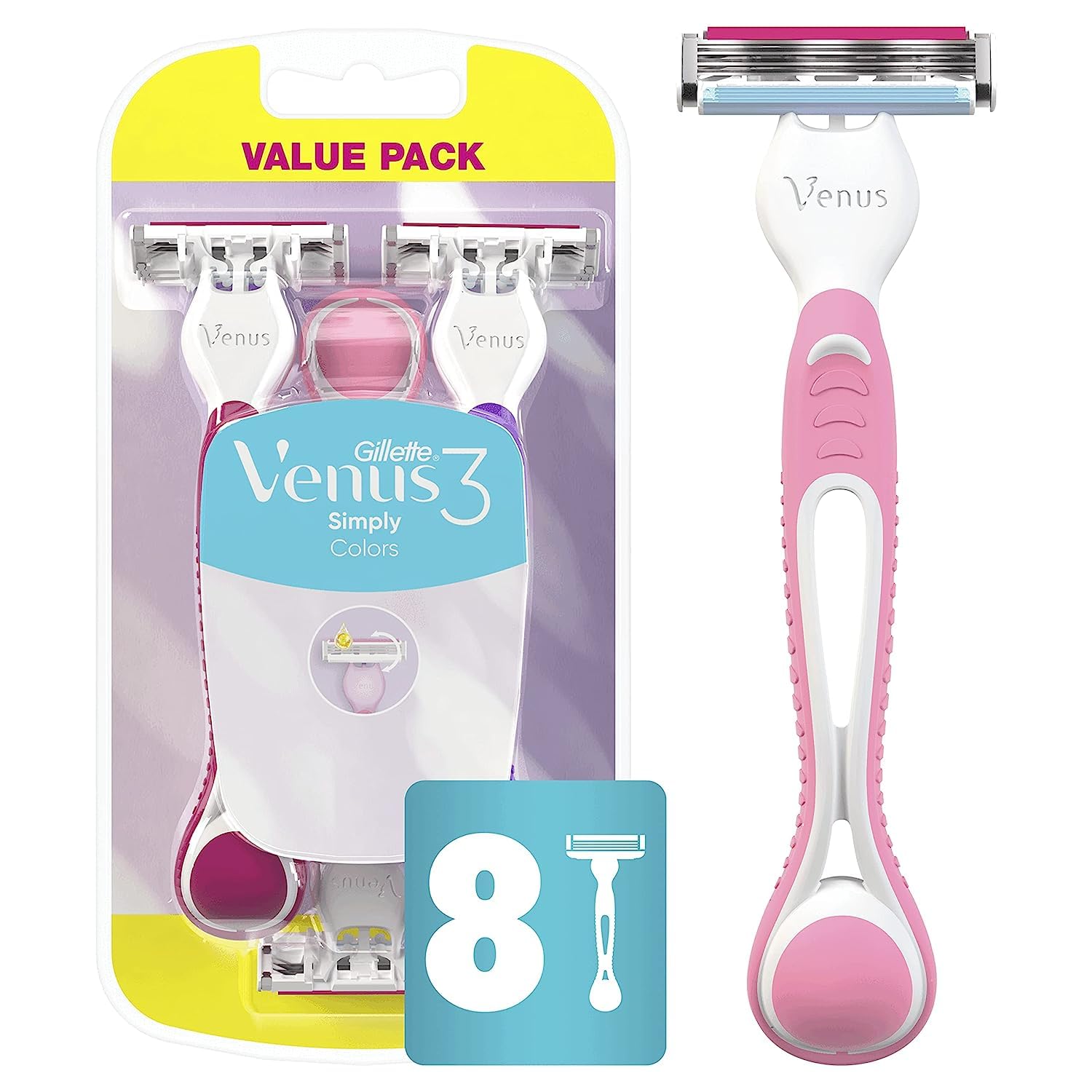 Gillette Venus Simply3 Disposable Razors for Women, 8 Count, Designed for a Close and Comfortable Shave