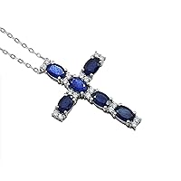 925 Sterling Silver Natural Blue Sapphire Gemstone Holy Cross Pendant Necklace September Birthstone Sapphire Jewelry Birthday Gift For Wife(PD-8289)