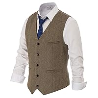 PJ PAUL JONES Men's Herringbone Tweed Suit Vest Casual Wool Blend Waistcoat