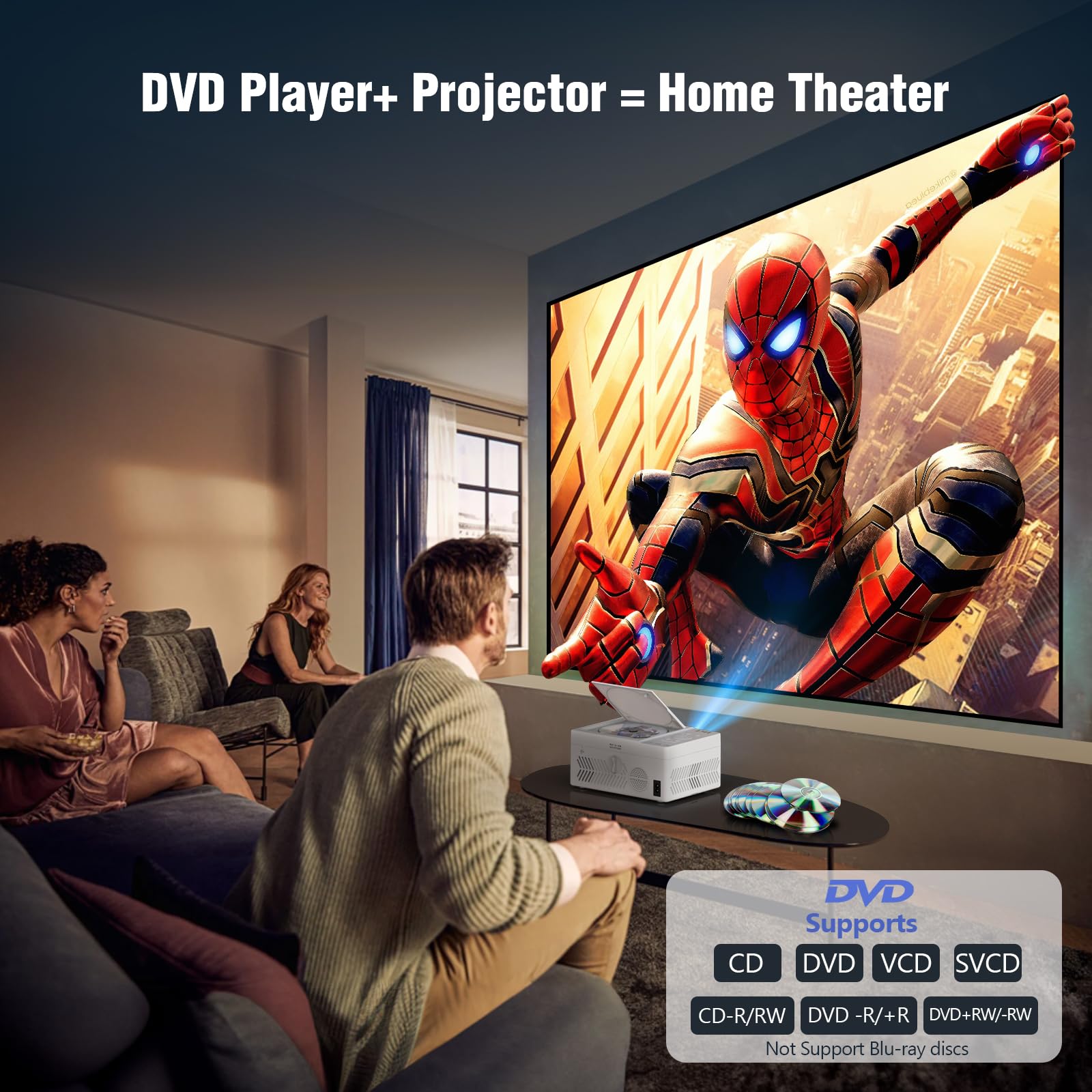 TMY Bluetooth Projector with DVD Player Built in, 1080P Outdoor Projector with 9500 Lumen, Mini Portable DVD Projector Compatible with Smartphone/PC/TV Stick/HDMI/AV/USB/TF, indoor & outdoor use