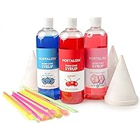 Nostalgia Premium Snow Cone Syrup Party Kit, 20 Snow Cones, 20 Spoons/Straws, Blue Raspberry, Cherry, Cotton Candy