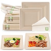 Compostable Party Paper Plates Set -[300 Pcs] 10 inch&8 inch Square Brown Paper Plates Heavy Duty, Utensils and Napkins - Eco Friendly Disposable Plates for Party