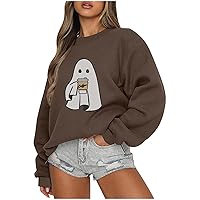 Halloween Ghost Drink Coffee Sweatshirt Women Spooky Season Shirts Cute Ghost Printed Halloween Crewneck Pullover Tops