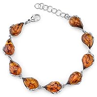 PEORA Genuine Baltic Amber Teardrop Design Pendant, Earrings, Bracelet for Women 925 Sterling Silver, Rich Cognac Color