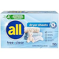 Fabric Softener Dryer Sheets for Sensitive Skin, Free Clear, 195 Count