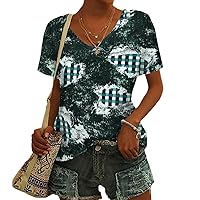 Geometric Women' Shirt Plaid Print Tops Ladies Clothing -Neck Pullover Summer Oversized Short Sleeve Tees