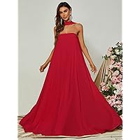 Dresses for Women - Choker Neck Backless Maxi Formal Dress (Color : Red, Size : X-Large)