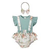Madjtlqy Newborn Baby Girls Summer Clothes Ruffle Sleeve Tops + Suspender Shorts + Headband 3PCS Outfits Set