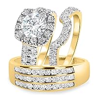 3 Piece Wedding His Engagement Her Band Rings Sets 14K Yellow Gold Over CZ for Couple