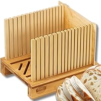 Mama's Great Updated Bamboo Bread Slicer for Homemade Bread - Ecofriendly, Compact & Foldable - Adjustable Slicing Guides with Sturdy Wooden Cutting Board