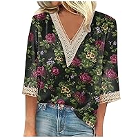 Women's 3/4 Sleeve Summer Tops Lace Paneled V Neck Tops Striped Print Shirt Loose Fit Tunic Vintage Graphic Tee