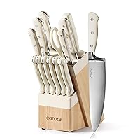 CAROTE 14 Pieces Forged Knife Set with Block,High Carbon Stainless Steel Sharp Blade Block Knife Set, Dishwasher Safe Cutlery,Linen White