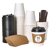 50 Pack 10 OZ Coffee Cups, Disposable Paper Cups, Hot Coffee Cups With Lids, Sleeves and Stirrers, To Go Coffee Cups for Home, Office and Shops