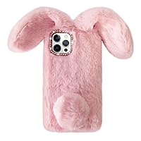 Bonitec Compatible with iPhone 14 Pro Rabbit Case, Bling Fur Case for Girls Luxury Cute Warm Handmade Rabbit Bunny Furry Fuzzy Fluffy Soft 3D Ear Hair Plush Ball Protective Case Cover for Women Pink