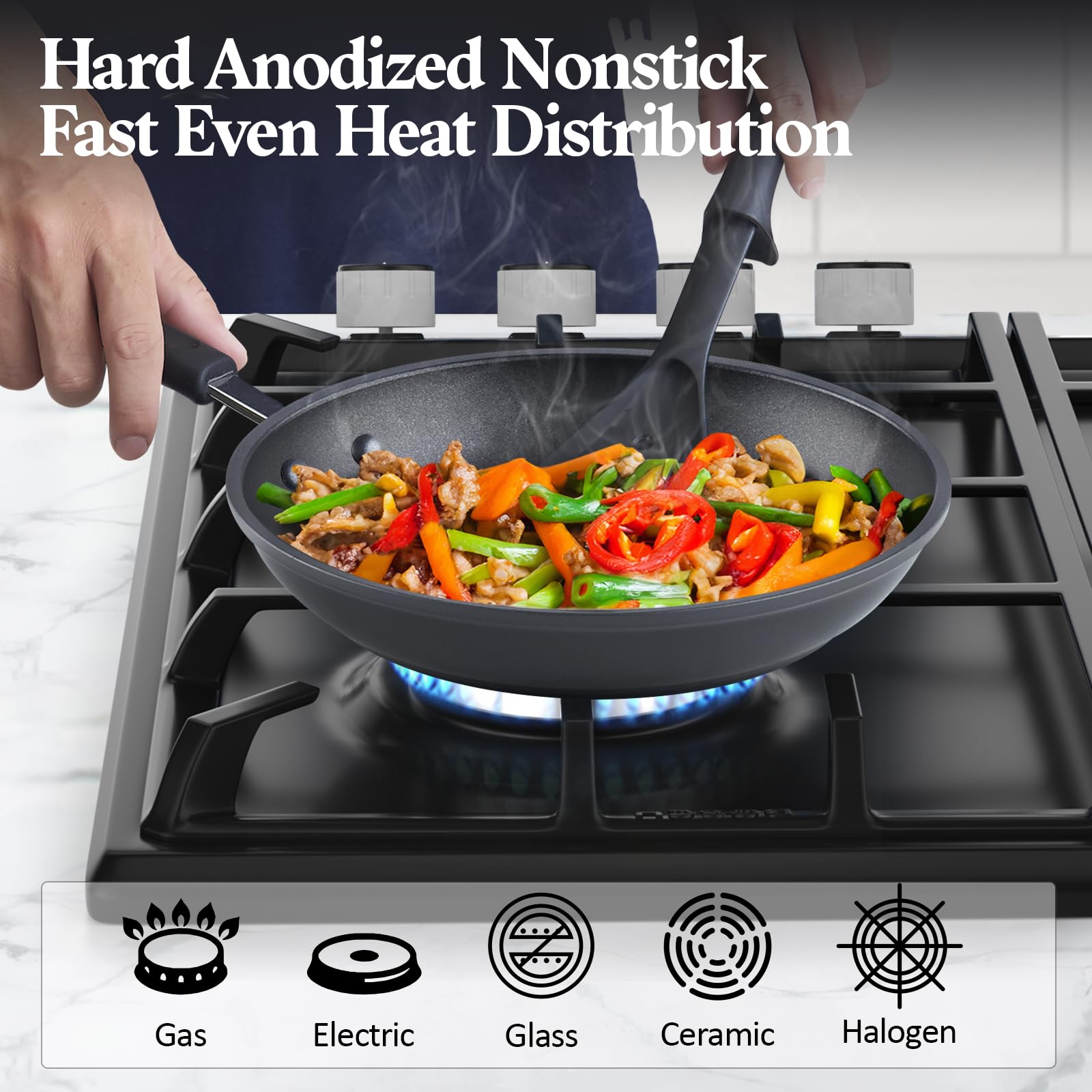 Cook N Home Pots and Pans Set Nonstick Professional Hard Anodized Cookware Sets 12-Piece, Dishwasher Safe with Stay-Cool Handles, Black