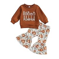 Kid Girl Fall Halloween Clothes Hey Pumpkin Letter Print Long Sleeve Tops Pumpkin Pattern Flare Pants 2Pcs Outfit