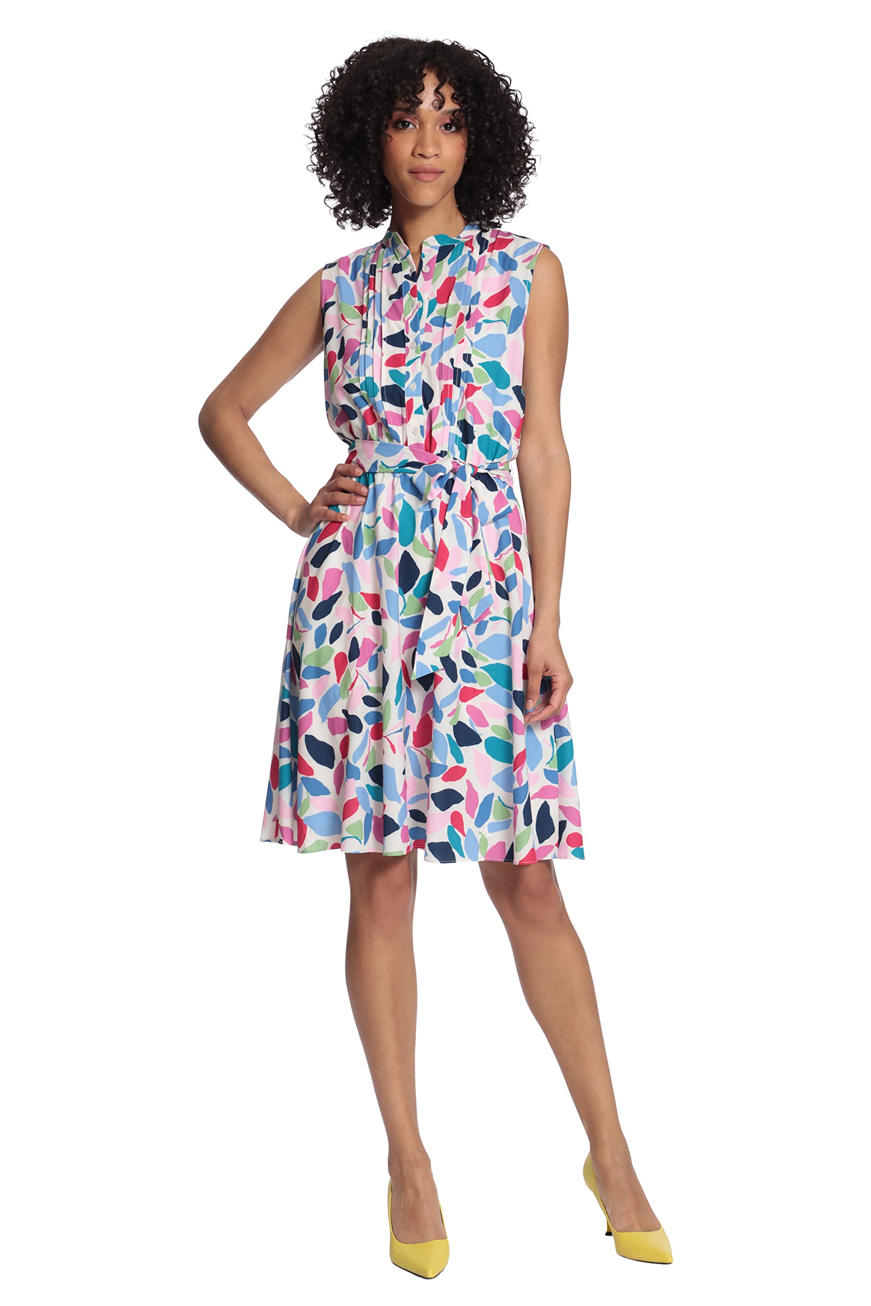 Maggy London Women's Leaf Printed Sleeveless Shirt Dress with Pleated Bodice and Waist Tie