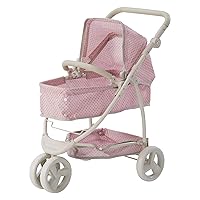 Olivia's Little World 2-in-1 Convertible Baby Doll Stroller with Retractable Canopy, All-Terrain Wheels, and Adjustable Handle, Cream and Pink with Gray Polka Dots