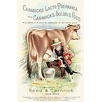 Victorian trade card for Carnricks Lacto-Preparata and Carnricks Soluble Food A farmer holds a child on his lap and he squirts milk from the udder of a cow directly pure and straight into a cats mout