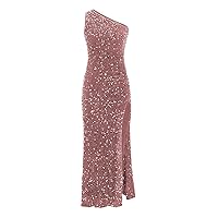 Women's Evening Dress Sexy One Shoulder Bodycon Sequin Gowns with Slit Sleeveless Cocktail Prom Club Party Maxi Long Dresses