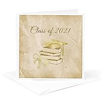 3dRose Greeting Card Class of 2021, Cap on Books with Diploma Next Books, Sepia, Gold - 6 by 6-inches (gc_325203_5)