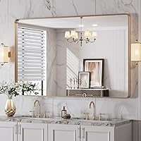 LOAAO 48”X30” Gold Bathroom Mirror, Rounded Rectangle Gold Frame Mirror, Brushed Gold Bathroom Vanity Mirror Wall-Mounted, Anti-Rust, Tempered Glass, Hangs Horizontally or Vertically