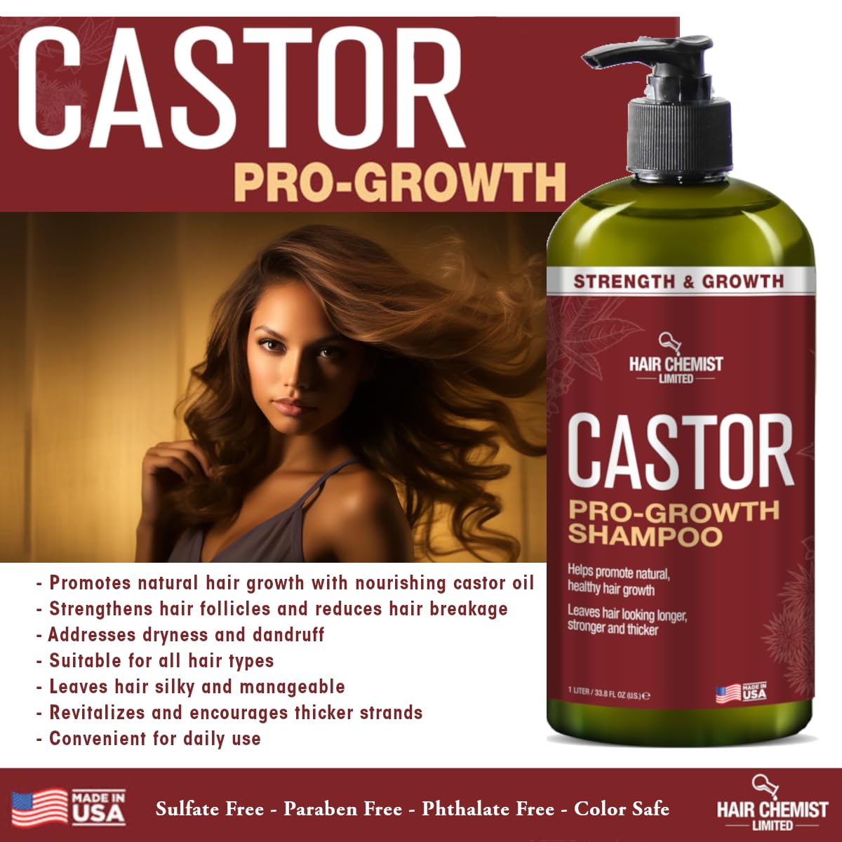 Hair Chemist Castor Pro-Growth Shampoo 33.8 oz. - Made with Natural Castor Oil for Hair Growth, Sulfate Free Shampoo