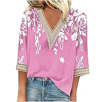 Women Floral Shirts Elbow Sleeve Summer Blouse Dressy V Neck 3/4 Sleeve Tee Shirts Going Out Tunic Tops Streetwear