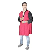 Indian Men's Cotton Shirt Red Color Wedding Wear Tunic Casual Loose Fit Kurta Plus Size