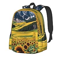 Sunflower Over The Mountains And Field Backpack Print Shoulder Canvas Bag Travel Large Capacity Casual Daypack With Side Pockets