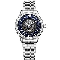 FIYTA Classic Women's Mechanical Watch, Diamond 3-Hand, Starry Sky Skeleton Dial, Synthetic Sapphire, Silver Stainless Steel Strap, 34.6MM, Blue, 34.6MM, Classic