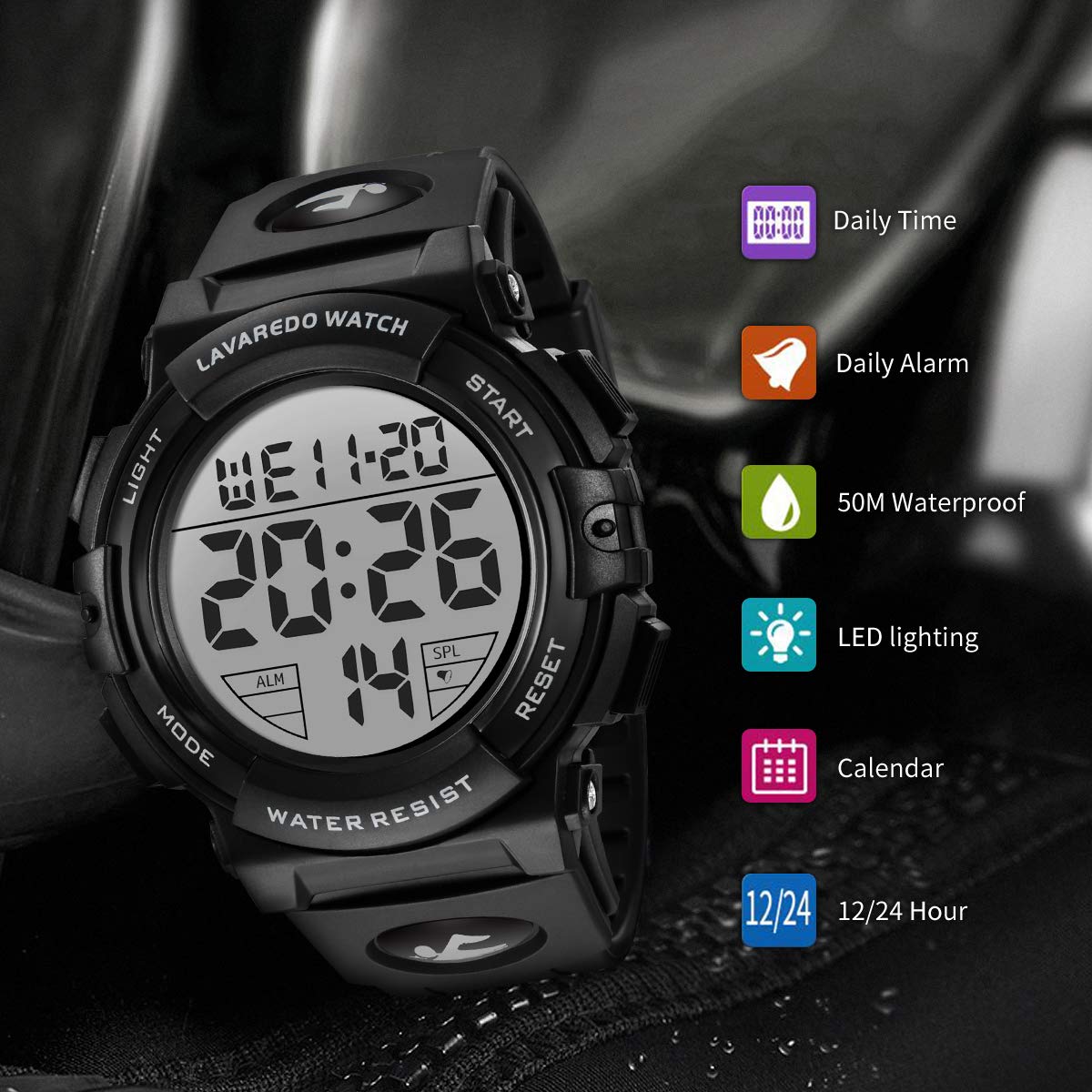 A ALPS Digital Herren Uhren - Sport Outdoor Armbanduhr 5 ATM wasserdichte Uhren mit Wecker/Kalender/Stoppuhr/Stoßfest