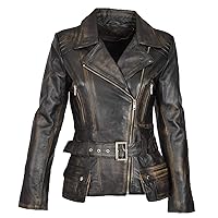 Ladies Real Leather Hip Length Belted Biker Casual Jacket Celia Black Rub Off