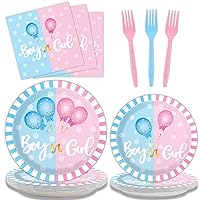 96 Pieces Gender Reveal Party Decorations Supplies He or She Party Tableware Set Pink or Blue Gender Reveal Party Dessert Plates Napkins Forks Boy or Girl Party Favors 24 Guests