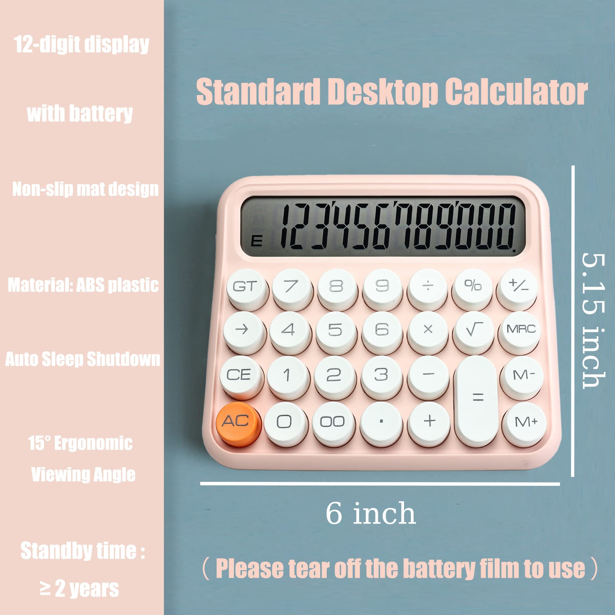 Standard Calculator 12 Digit,Desktop Large Display and Buttons,Pink Calculator with Large LCD Display for Office,School, Home & Business Use,Automatic Sleep,with Battery.6 * 5.15in