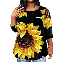 Plus Size Womens Plus Size Tops for Women Sunflower Print Casual Fashion Trendy Loose Fit with 3/4 Sleeve Round Neck Shirts Fluorescence Yellow 3X-Large