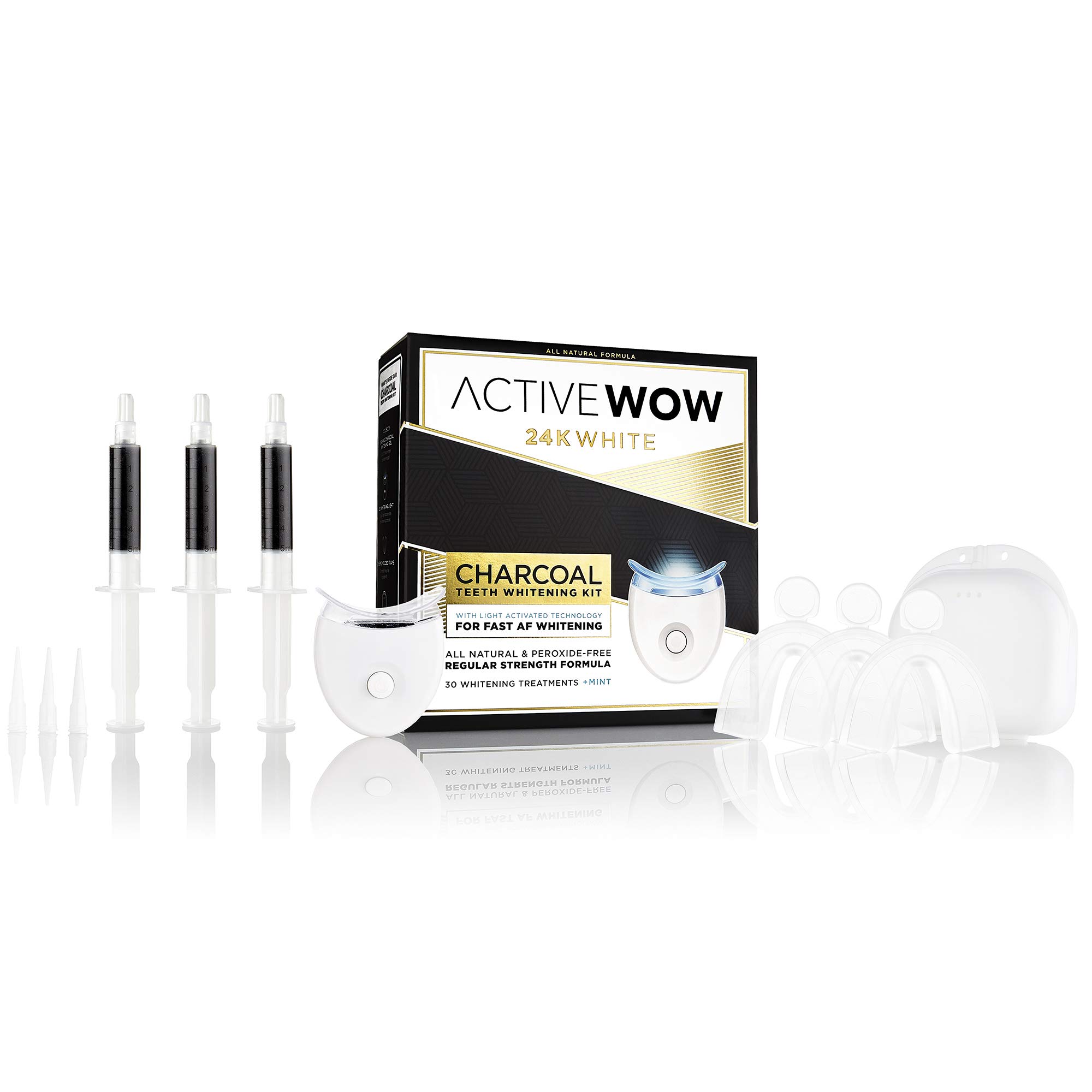 Active Wow 24k White Charcoal Teeth Whitening Kit - LED Teeth Whitening Kit, Teeth Whitening Light, All Natural Formula, Fluoride Free, Teeth Whitening Kit with LED Light - Mint Flavor, 30 Treatments