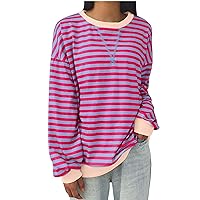 Lightening Deals Womens Striped Oversized Sweatshirt Classic Crewneck Long Sleeve Pullover Tops Casual Color Block Loose Shirts Y2K Clothes Hot Pink