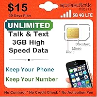 SpeedTalk Mobile SIM Card Kit for Smart Phones & Cellphones | $15 Monthly Plan - Preloaded Unlimited Talk & Text + 3GB 5G 4G LTE Data | 3-in-1 Standard Micro Nano Size | 30 Days USA Wireless Coverage