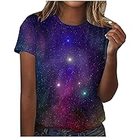 The Sky Night Printed T Shirt for Women Novelty Flower Graphic Tees Vintage Summer Short Sleeve T-Shirt Casual Blouses