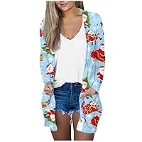 Womens Fall Sweaters,Ugly Sweater Christmas Women Womens Cardigan Ugly Christmas Sweater Christmas Women's Fashion Casual Printed Long Sleeve Mid-Length Cardigan Jacket Crop Plus Sky Blue,5XL