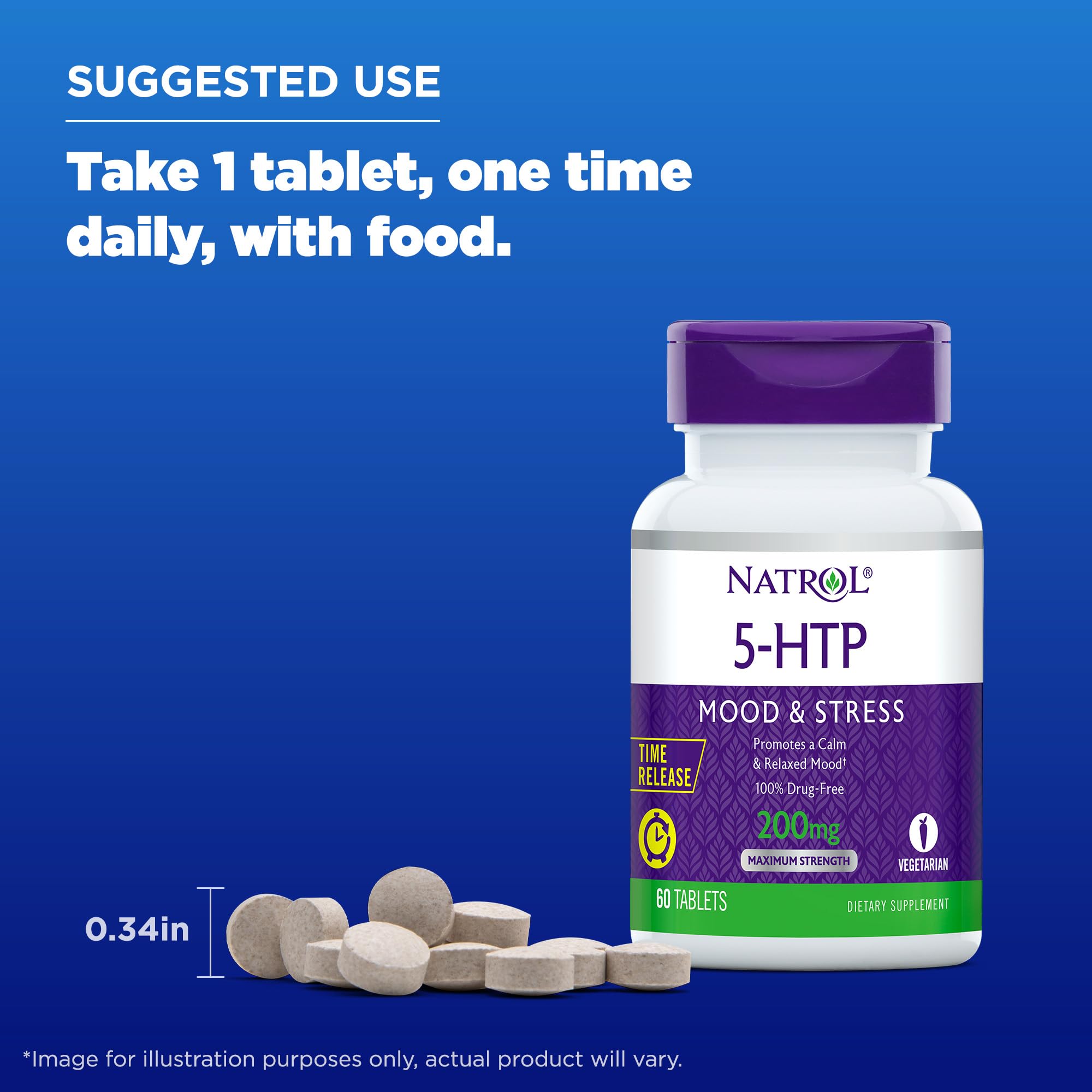 Natrol 5-HTP 200 mg Time Release Tablets, 60 Servings, Dietary Supplement, Promotes a Calm, Relaxed Mood, Controlled Release, Drug Free, Vegetarian