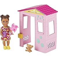 Barbie Skipper Babysitters Inc. Accessories Set with Small Toddler Doll & Pink Playhouse, Plus Pinwheel, Teddy Bear & Cup, Gift for 3 to 7 Year Olds