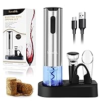 Electric Wine Opener Set, Rechargeable Automatic Home Wine Bottle Opener Reusable Corkscrew with Foil Cutter, Vacuum Stoppers, Aerator Pourer Wine Set Gift for Wine Lovers, Silver