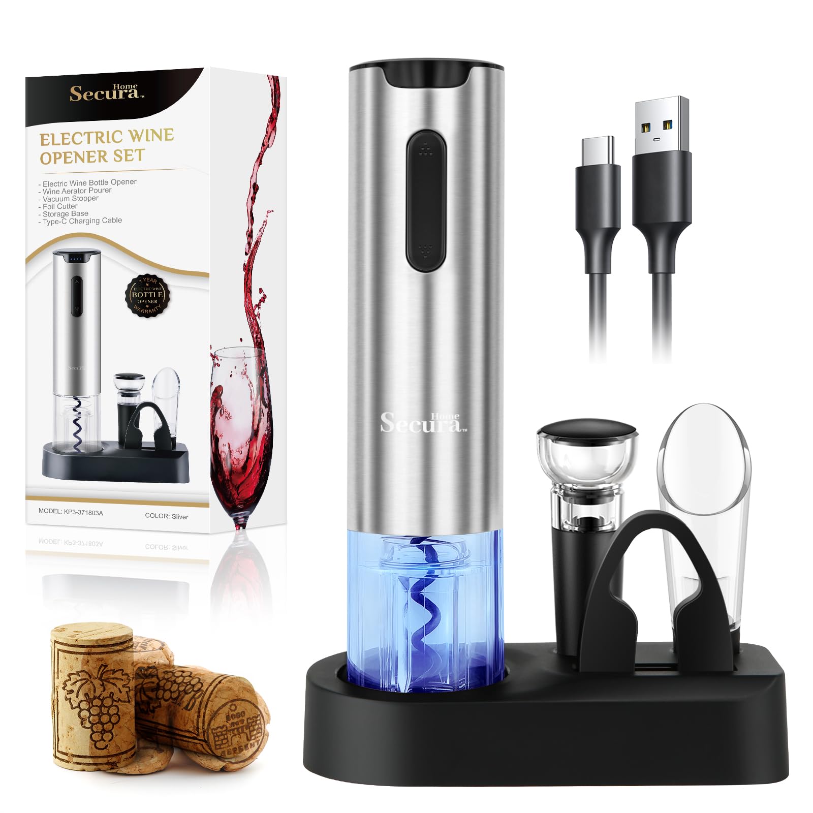 Secura Electric Wine Opener Set, Rechargeable Automatic Home Wine Bottle Opener Reusable Corkscrew with Foil Cutter, Vacuum Stoppers, Aerator Pourer Wine Set Gift for Wine Lovers, Sliver