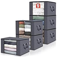 6 Pack Clothes Storage, Foldable Blanket Storage Bags, Storage Containers for Organizing Bedroom, Closet, Clothing, Comforter, Organization and Storage with Lids and Handle, Grey