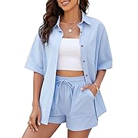 Flygo Womens Casual 2 Piece Outfits Cotton Linen Sets Tracksuit Button Down Shirt Top Shorts Lounge Set